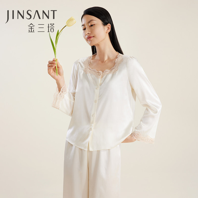 法式复古】真丝睡衣女士100%桑蚕丝春夏可外穿方领家居服套金三塔