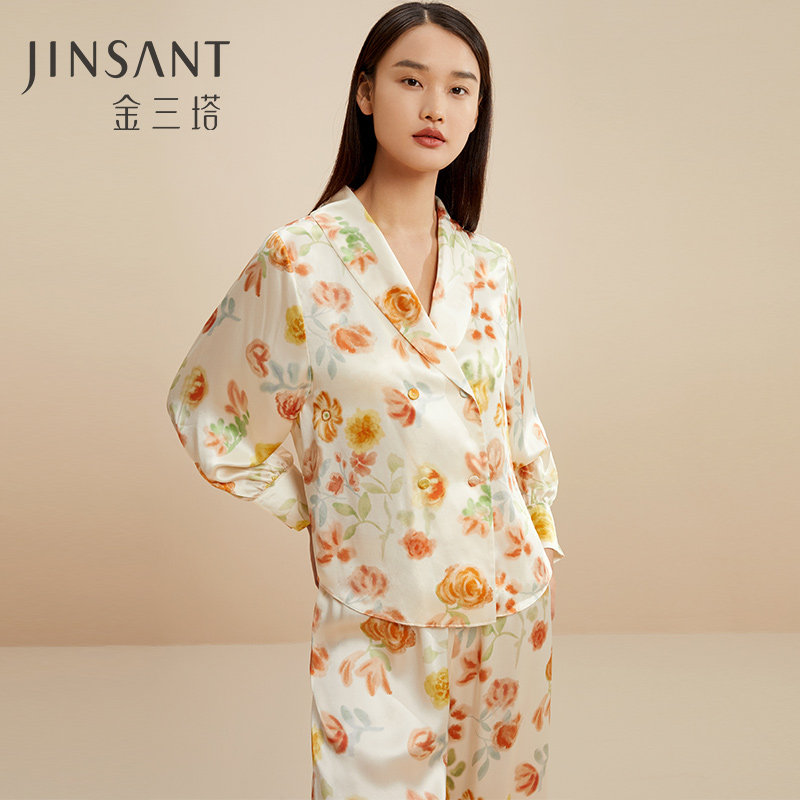 金三塔100%桑蚕丝女士真丝印花双排扣时尚家居服睡衣套装春夏新