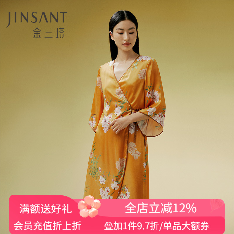 金三塔桑蚕丝女印花睡袍
