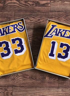 刺绣版 湖人队33天勾贾巴尔球衣13张伯伦复古刺绣经典黄色篮球服
