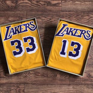 刺绣版 湖人队33天勾贾巴尔球衣13张伯伦复古刺绣经典黄色篮球服