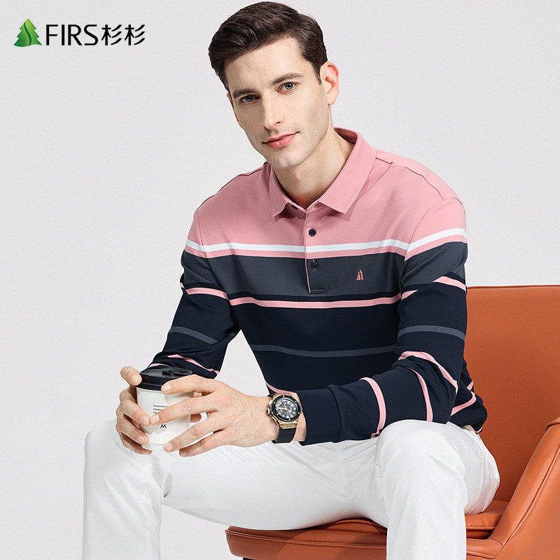 【渐变条纹】杉杉翻领长袖T恤