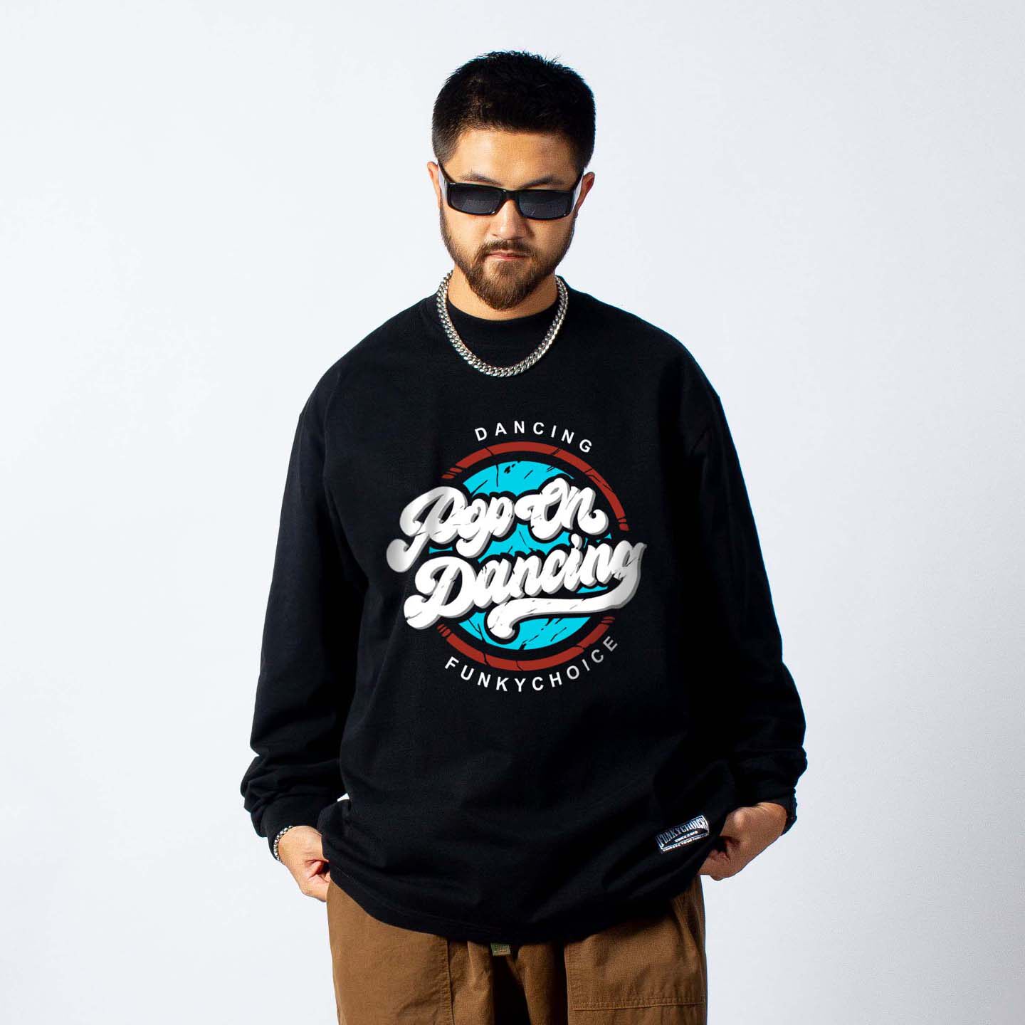 FunkyChoice美式复古pop on dancing宽松嘻哈长袖T恤练功服popper