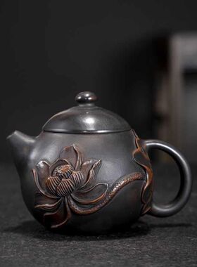 紫陶小龙蛋浮雕壶(135cc)手工雕刻茶壶堆雕紫砂壶手作深雕陶制