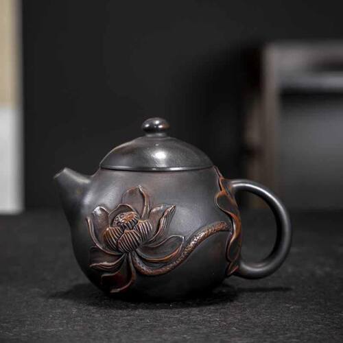 紫陶小龙蛋浮雕壶(135cc)手工雕刻茶壶堆雕紫砂壶手作深雕陶制