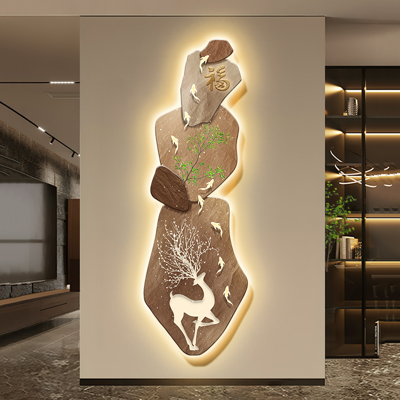 石来运转玄关装饰画现代简约走廊过道挂画麋鹿轻奢LED高级感灯画