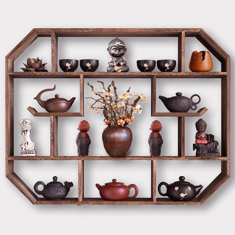 #博古架实木中式壁挂式墙上客厅置物架实木茶具茶壶架子挂墙博古