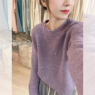 温柔风软糯紫色亮片浣熊绒毛衣女秋冬奶fufu慵懒外穿套头针织上衣