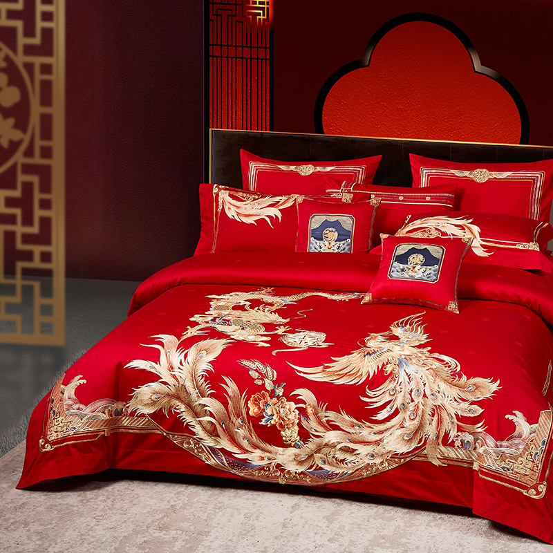 热销1vpr140支婚庆新婚龙凤刺绣大红色四六十件套结婚嫁床上用品