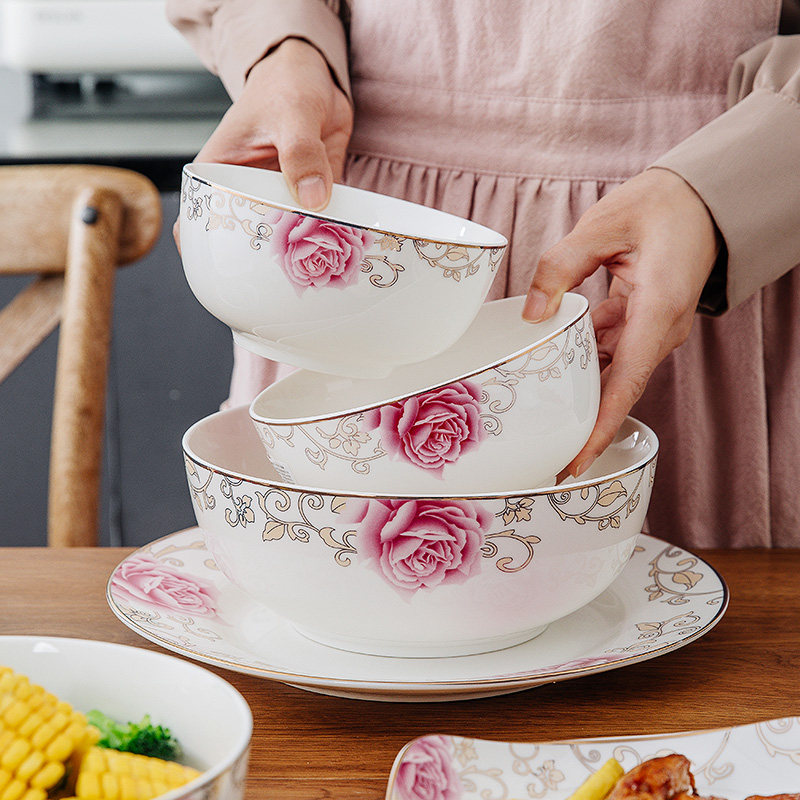 63n陶瓷金边民生碗碟餐具套装宫廷玫瑰家用米饭碗面碗微波炉,家装主材,台上艺术碗盆,淘宝优惠券,粉丝福利购,淘宝优惠卷