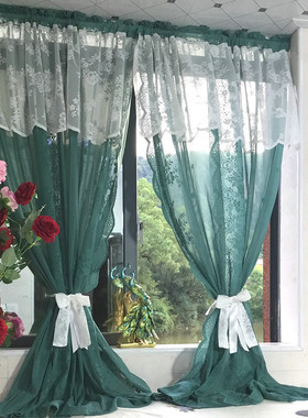 33n纱帘窗帘美式窗飘窗阳台蕾丝沙田园复古墨绿免打孔魔术贴窗纱