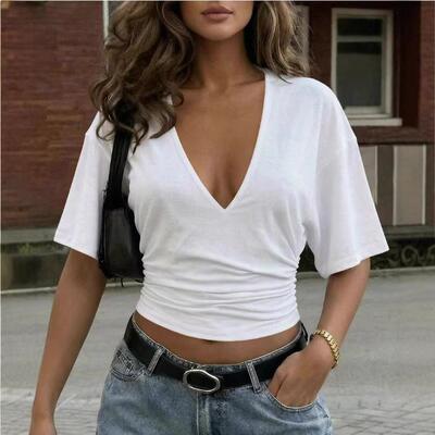 Women'S Summer Knit Casual Basic V-Neck T-Shirt,, Fashion