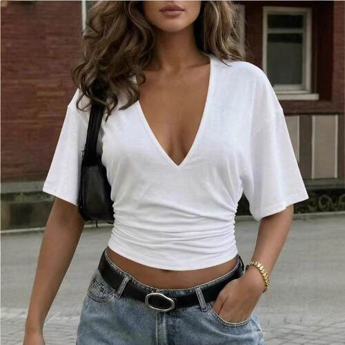 Women'S Summer Knit Casual Basic V-Neck T-Shirt Top Elastic