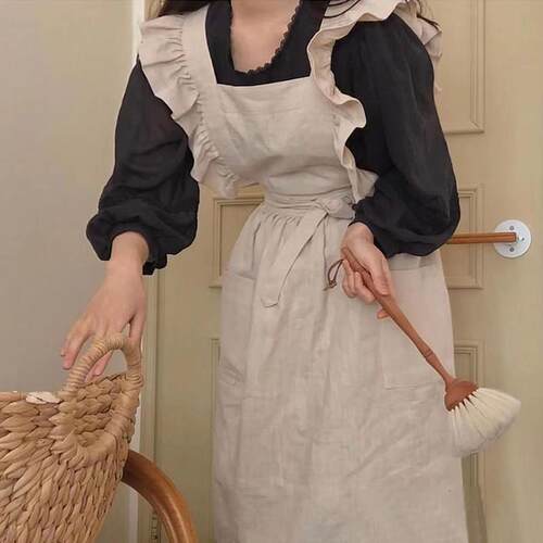 纯棉花边围裙定制logo日式森系花艺美甲厨房家用韩版覆古工作服女
