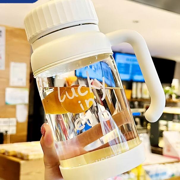 日本大容量玻璃杯1000ml水杯带把手高颜值宽口杯子办公室泡茶杯