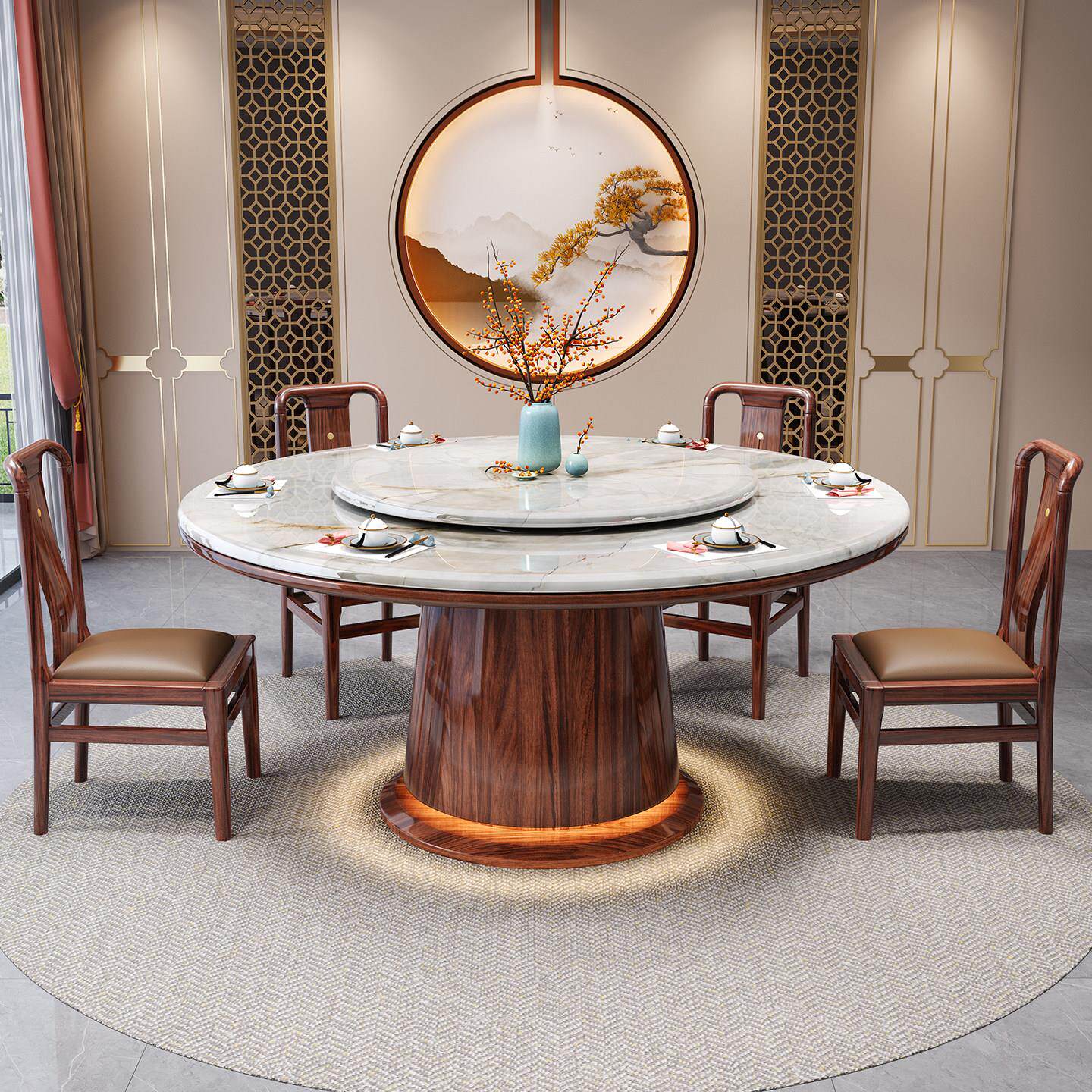 新中式轻奢大理石餐桌椅家用饭店包厢别墅乌金木实木大圆桌带转盘