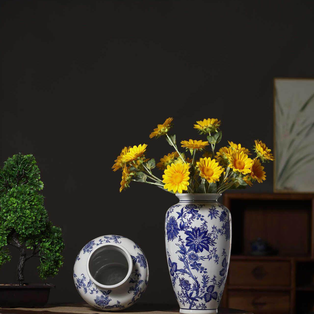 景德镇陶瓷青花瓷花瓶牡丹花瓶插干花瓶子工艺品客厅餐桌复古摆件