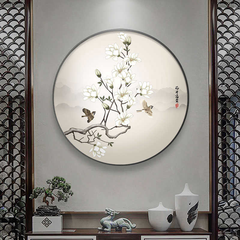 花开富贵圆形玄关装饰画新中式客厅背景墙壁画书房茶室寓意好挂画