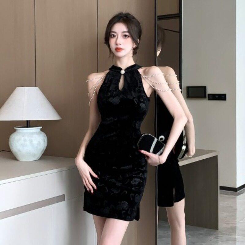 夏季主播衣服丝绒旗袍女新中式改良黑色礼服气质高级感露肩洋装