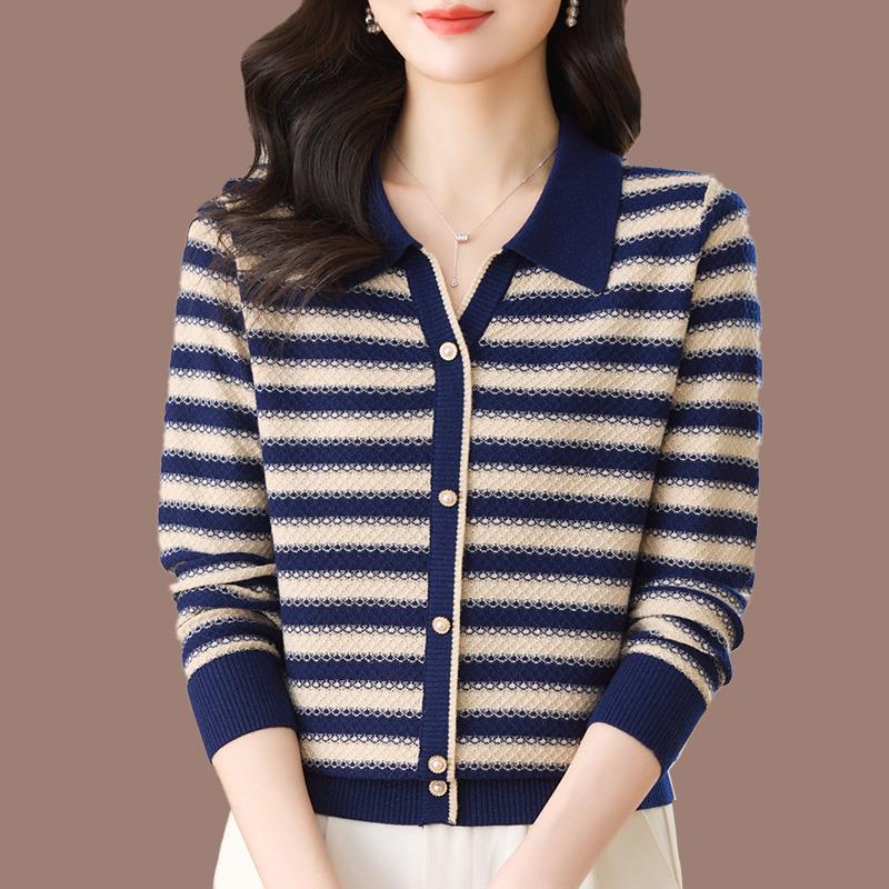 春季新款POLO翻领桑蚕丝上衣女条纹长袖t恤妈妈洋气遮肚针织小衫