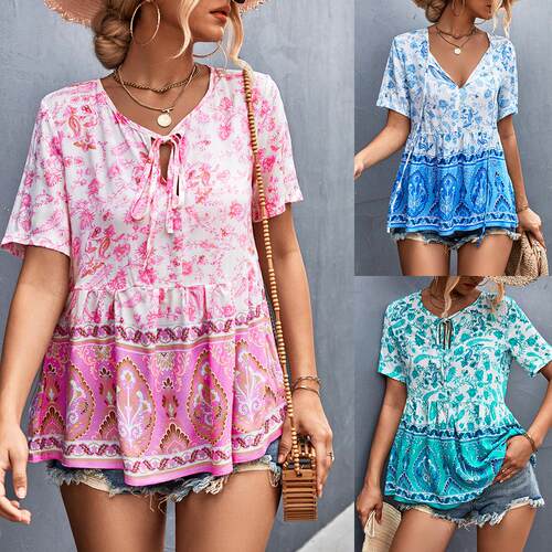 Lace up floral top for women系带花上衣女