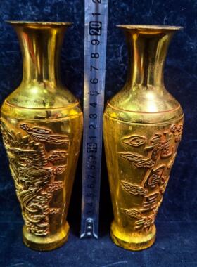 工艺品仿古做旧纯铜鎏金龙凤呈祥花瓶装饰品客厅书房玄关摆件