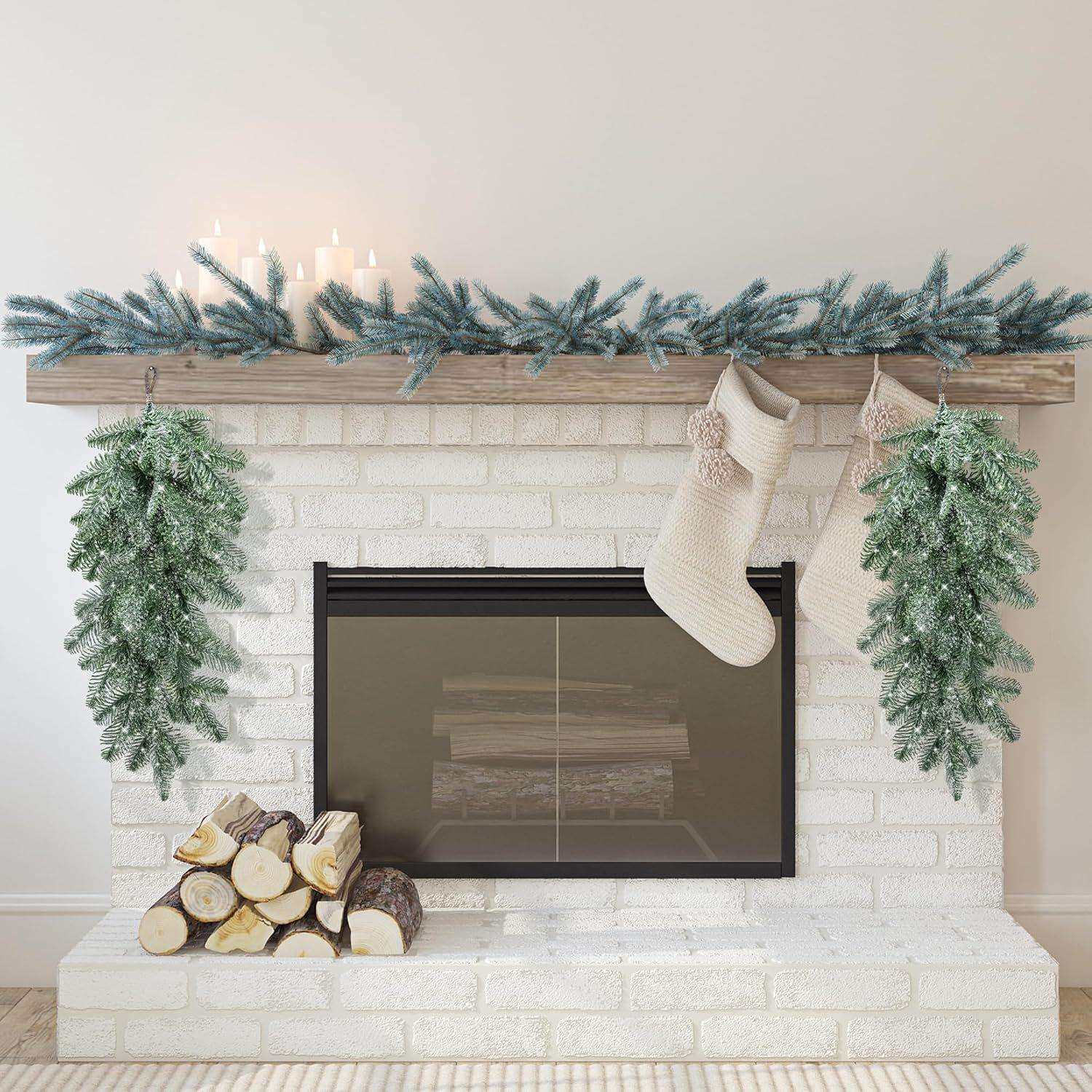 跨境亚马逊爆款圣诞节松柏门挂壁炉装饰氛围场景布置仿真绿植家具