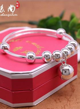 高档银手友镯光面99银镯子女款日韩版足银纯简约女时尚铃铛手镯送