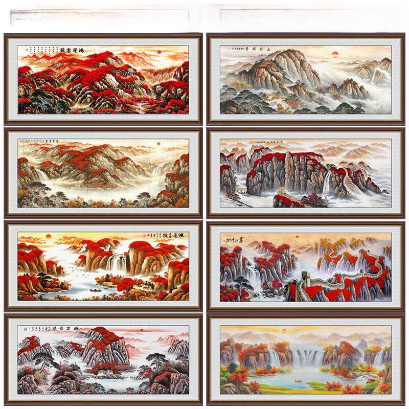 横版鸿运当头靠山图无水大气山水国画自粘贴装饰画客厅办公室挂画