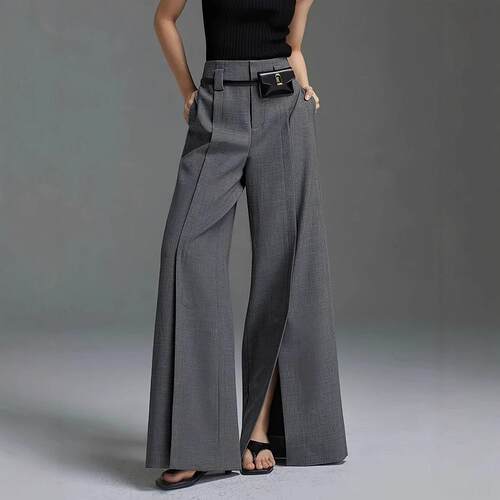 Women's Loose Wide Pants High-Waisted Pleated Split-Front