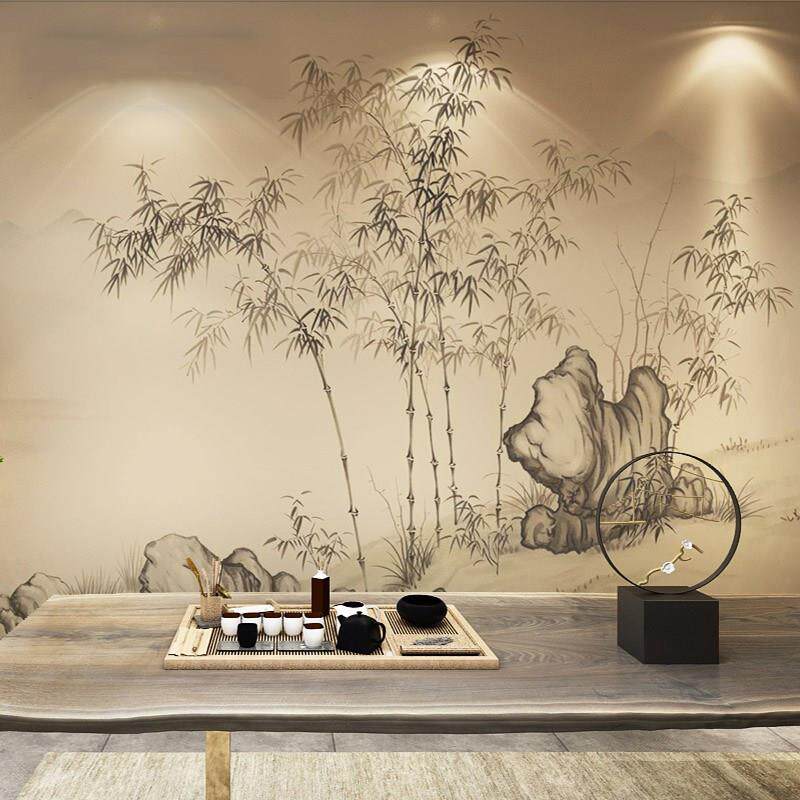 新中式水墨无缝壁布山水竹子壁画抽象风景壁纸客厅书房饭厅墙贴纸