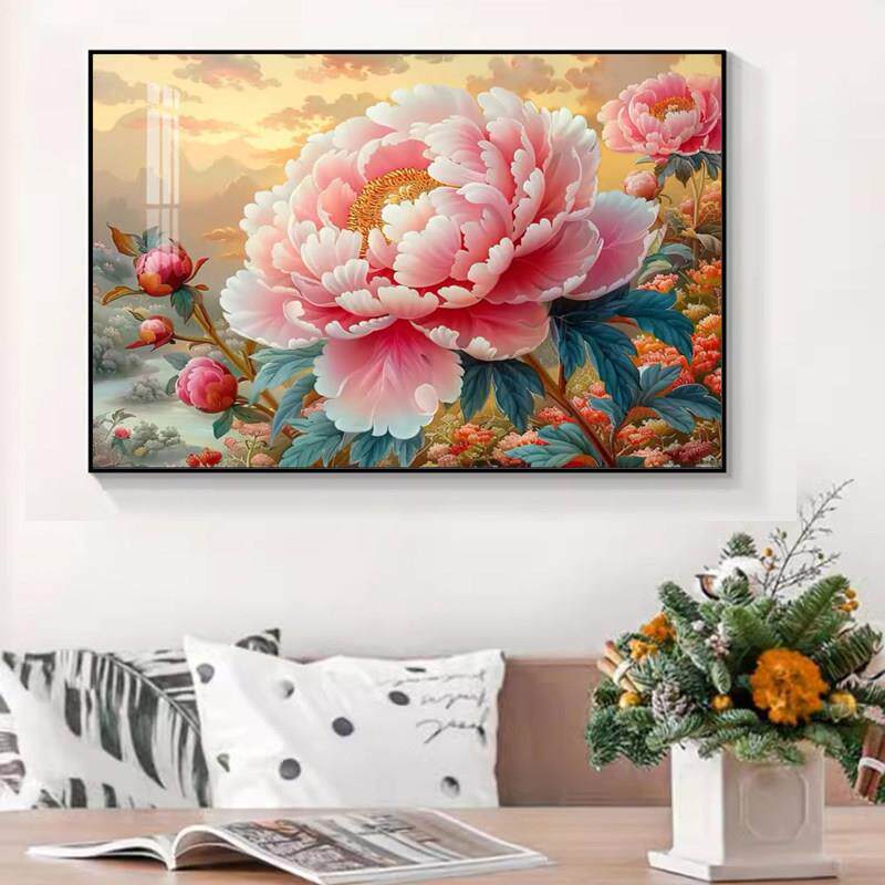 富贵牡丹花卉横版客厅饭厅背景钻石画满钻全贴花开富贵贴钻十字绣