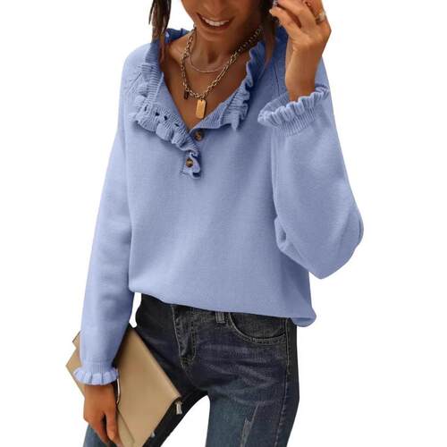 Women's knitted long sleeved ruffle edge pullover sweater