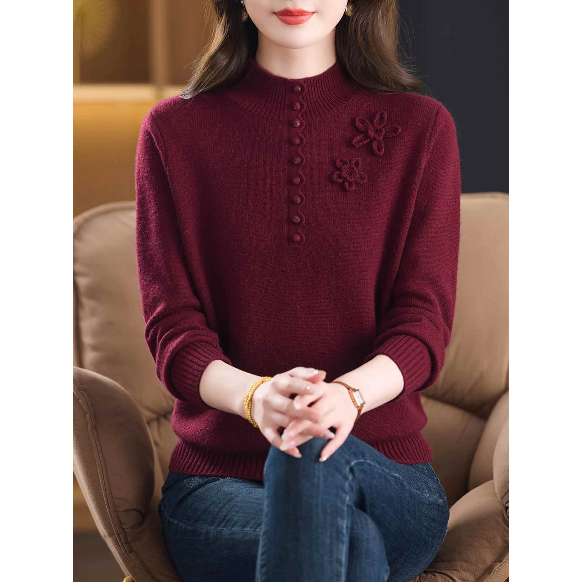 羊毛衫女冬季半高领加厚100%纯羊毛绒打底衫妈妈毛衣新款保暖上衣