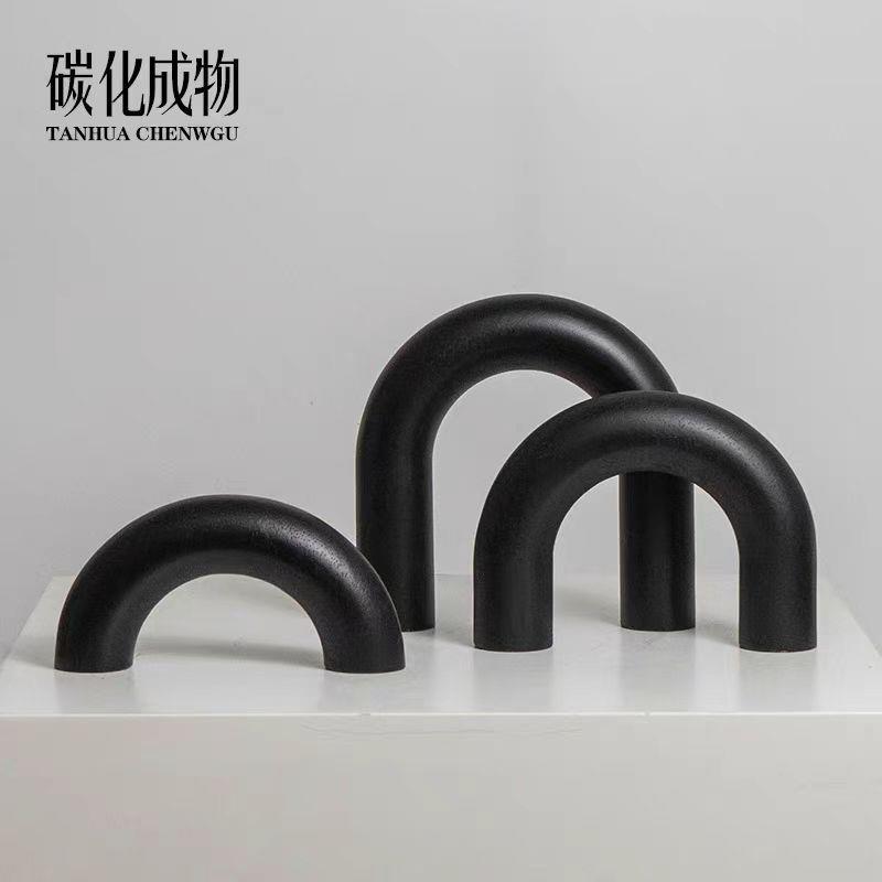 现代简约黑色木纹拱门几何艺术摆件样板间售楼处书房电视柜软装饰