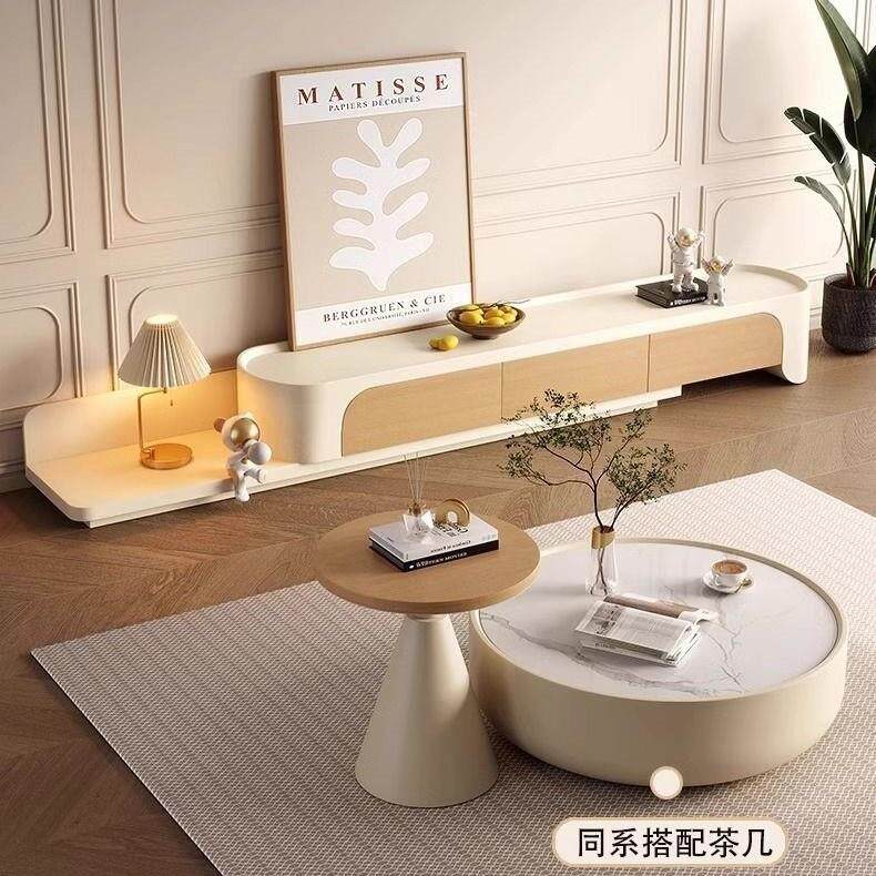 奶油风实木岩板茶几客厅家用原木色拉伸电视柜组合大小户型落地柜