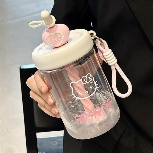 2026新款可爱KT猫水杯女生高颜值ins风搅拌杯学生带刻度吸管杯子