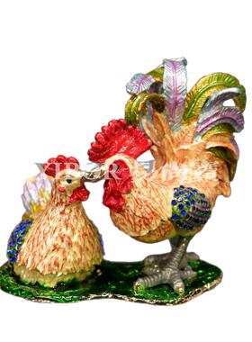 锌合金珐琅首饰盒手工艺品国风装饰中式凤尾公鸡母鸡一对家居摆件