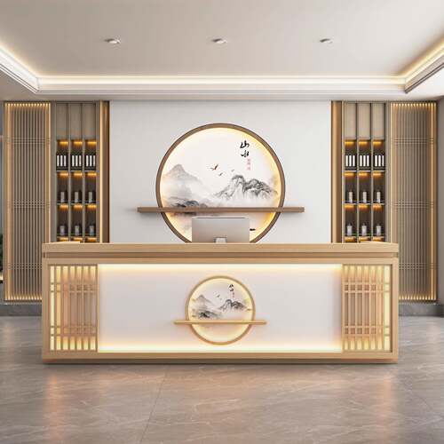 新中式吧台餐饮民宿酒店收银台复古茶楼前台足浴店转角接待台