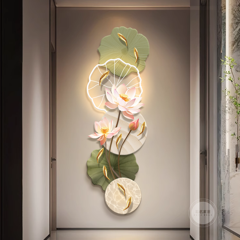 3d立体九鱼图玄关装饰画现代轻奢荷花壁灯画入户走廊过道高档挂画图片