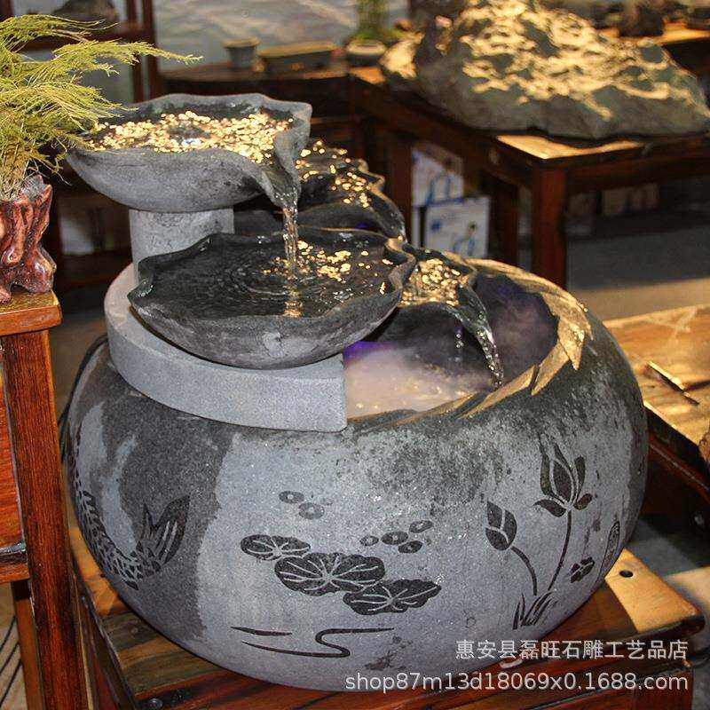 厂家现货石雕流水摆件荷花款 室内别墅酒店广场圆形跌水盆装饰