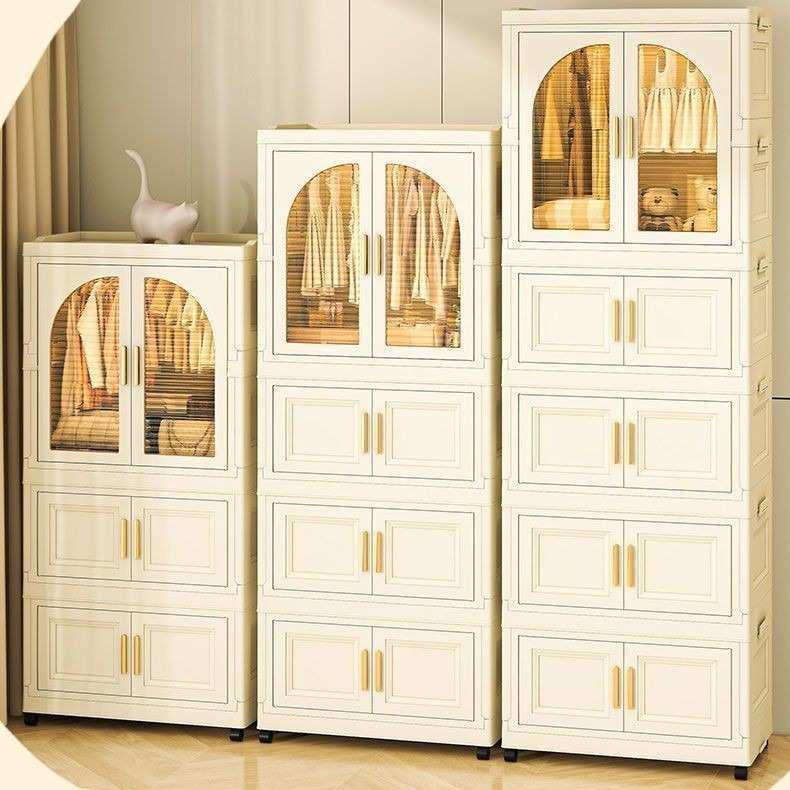 奶油色免安装折叠衣柜家用多层衣橱儿童衣柜家居卧室储物柜
