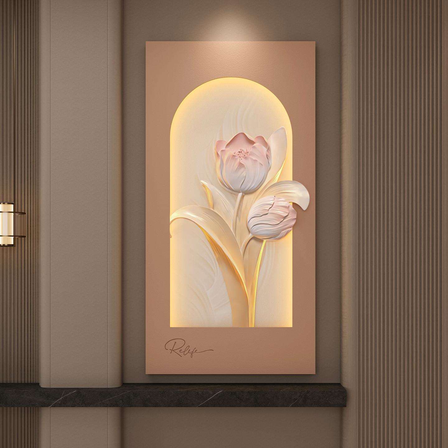 新中式郁金香3D立体浮雕家用家居高端走廊过道进门LED灯光装饰画