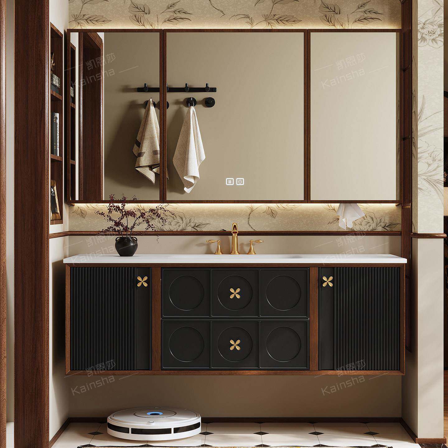 橡木法式复古中古风浴室柜组合卫生间洗漱台洗手盆柜一体智能定制