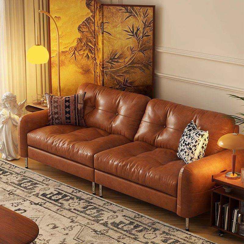 皮艺沙发小户型客厅直排三人位沙发复古风油蜡皮意式布鲁克林沙发