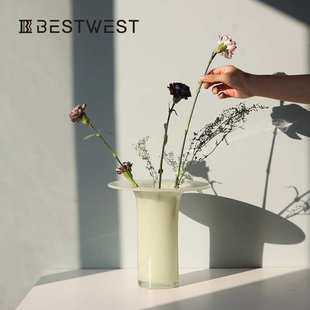 风软摆件花中古博高级圆盘 玻璃西奶白器ins家居花瓶装饰品家居