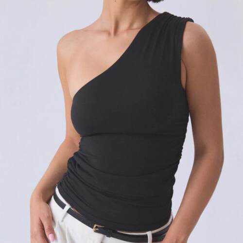 Slanted shoulder top, vest, short, tight fitting, worn