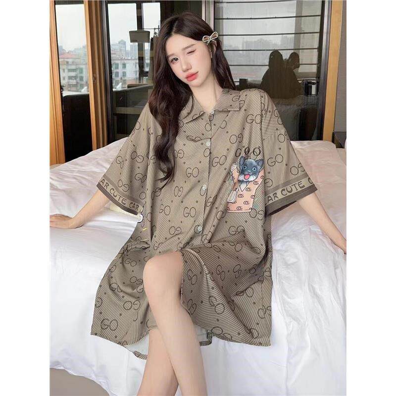 睡衣女睡裙真丝夏季薄款宽松大尺码300斤胖mm中长版衬衫领加肥加