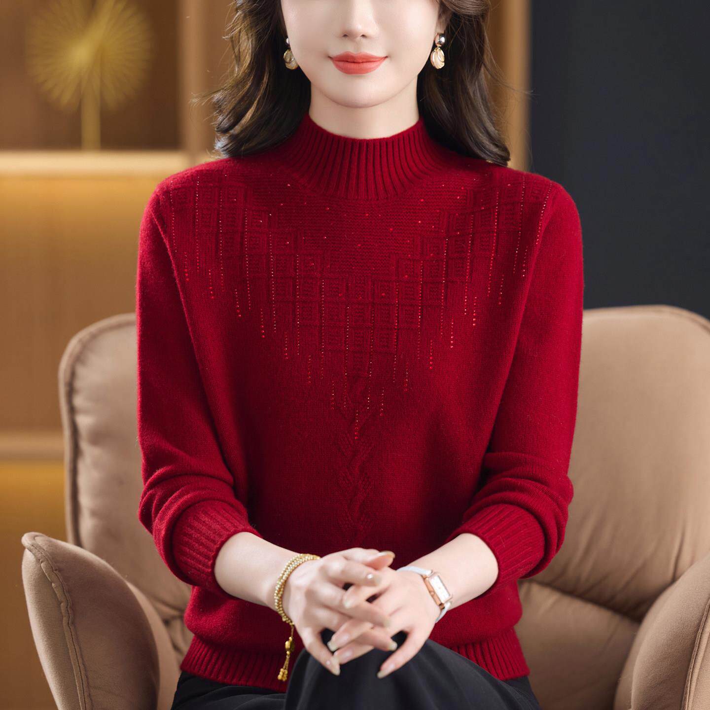 妈妈高品质羊绒衫半高领毛衣洋气中老年女装保暖内搭羊毛打底上衣