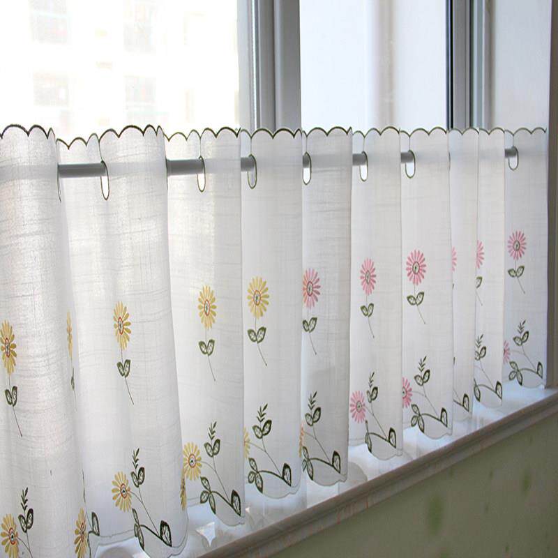 雏菊刺绣纱帘半截短窗帘魔术贴半帘短款小窗户遮光遮挡帘厨房短门